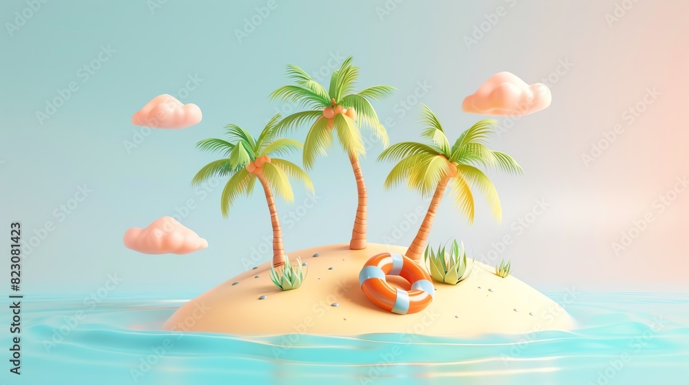 Fototapeta premium Create a 3D illustration of a small tropical island with three palm trees, pink clouds, and a life preserver. The island should be surrounded by water and have a sandy beach.