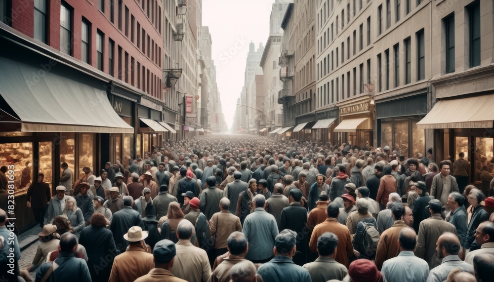 Obraz premium A bustling city street from a bygone era, densely packed with diverse crowds of people in vintage attire, walking past shops and buildings.. AI Generation