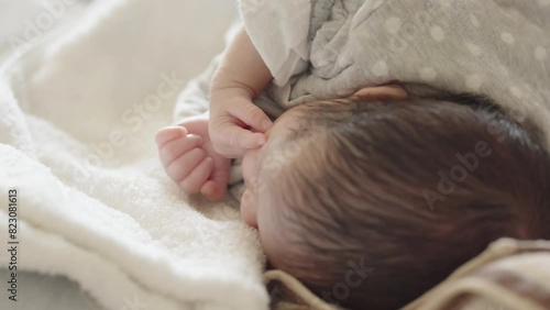 Close-up of head and hands of newborn baby lying down and dreaming (1) photo