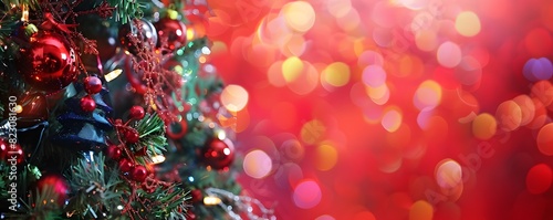 Festive Christmas Tree with Colorful Decorations on Red Background