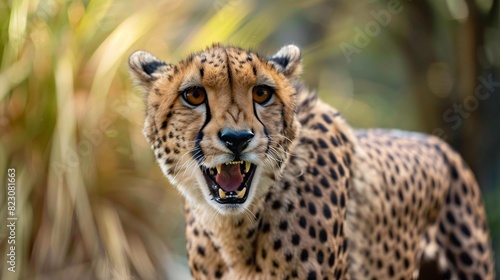  a close up of a cheetah with its mouth open  