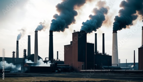 Stark industrial landscape with towering smokestacks emitting plumes against a dusky sky  symbolizing environmental impact.. AI Generation