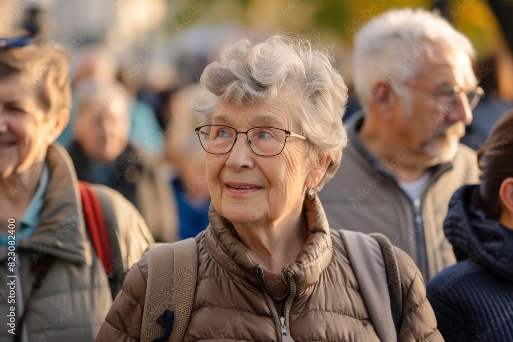 Portrait of an elderly woman with glasses on the background of the crowd Portrait of an elderly woman with glasses on the background of the crowd