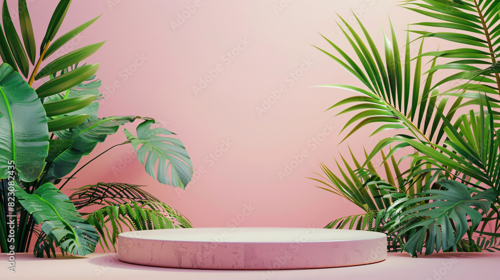 Empty podium with tropical leaf decorations on a pastel background, ideal for product promotions Empty podium with tropical leaf decorations on a pastel background, ideal for product promotions