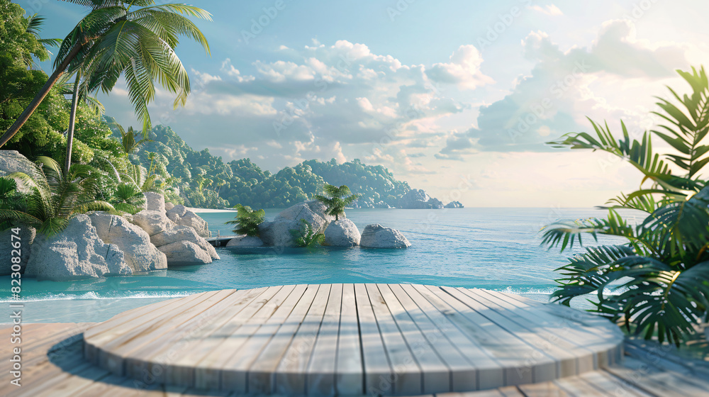 Fototapeta premium Empty stand with tropical beach background, great for beauty and cosmetic product promotions