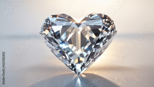 A heart-shaped diamond is shown from a three quarter angle on a white surface with a soft grey background.

 photo