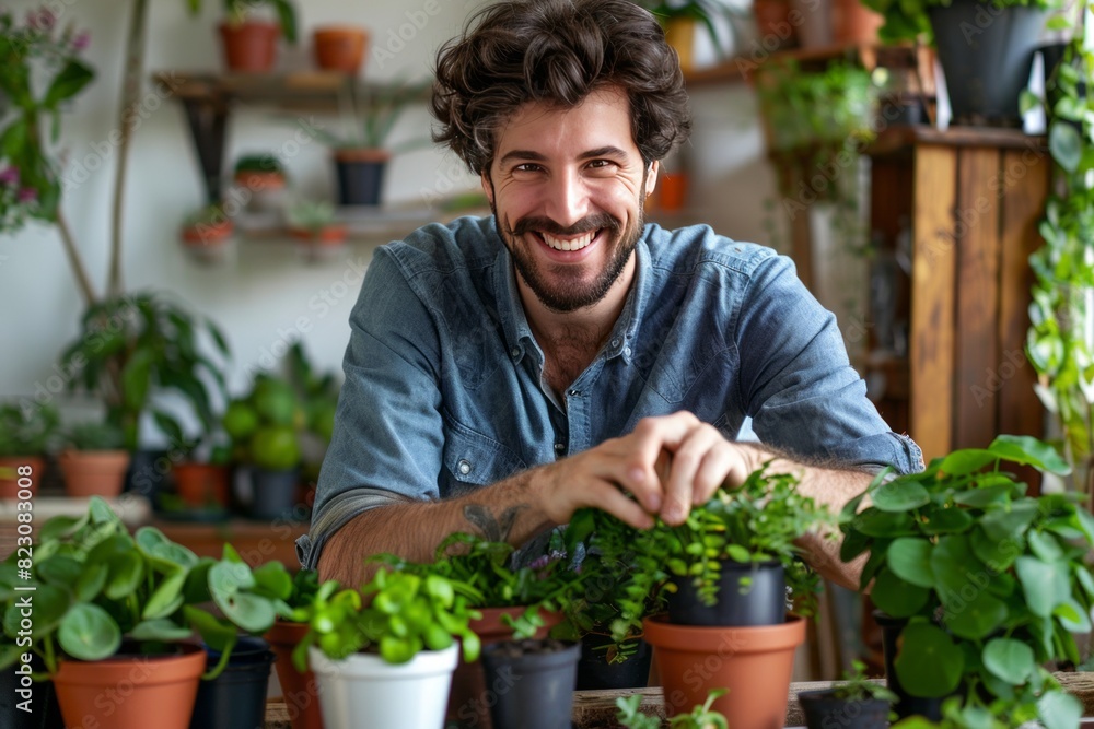 Full length portrait of smiling man repotting green plants indoors and enjoying gardening hobby looking at camera Full length portrait of smiling man repotting green plants indoors and enjoying gardening hobby looking at camera