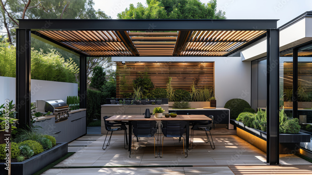 Modern Pergola with a black steel frame and white wall, dining table, chairs, grill, wood slats on the side. The setting is in an outdoor kitchen area with plants around. Generative AI. Modern Pergola with a black steel frame and white wall, dining table, chairs, grill, wood slats on the side. The setting is in an outdoor kitchen area with plants around. Generative AI.