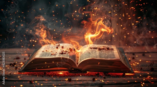 Wooden table featuring an open Christian book, engulfed in fiery inferno, hellish atmosphere with glowing embers photo