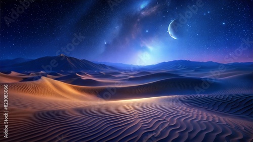 A tranquil desert at night, the endless expanse of sand bathed in the soft, silver glow of the moon, creating an atmosphere of serene solitude