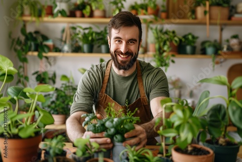 Full length portrait of smiling man repotting green plants indoors and enjoying gardening hobby looking at camera