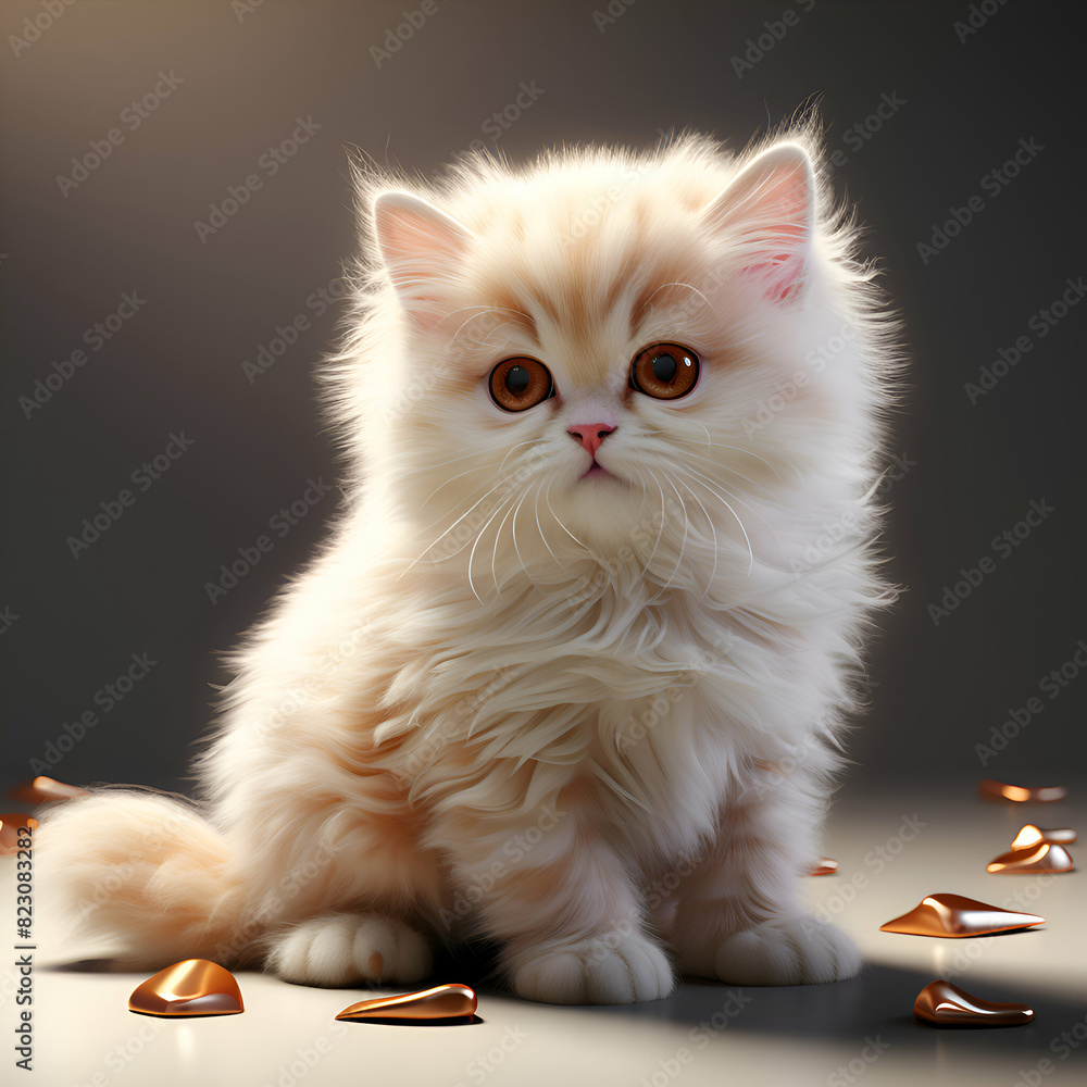 Cute persian cat sitting on gray background with chocolate confetti