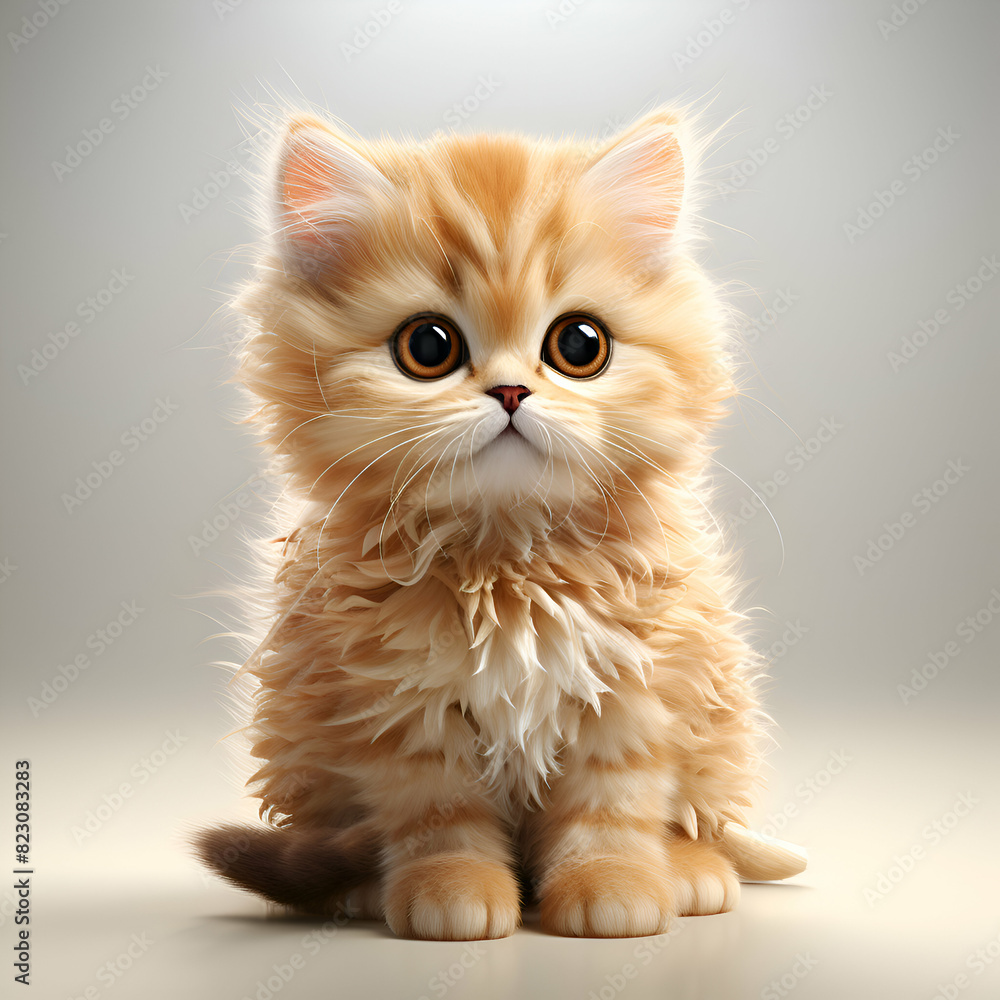 Fototapeta premium Cute ginger kitten sitting and looking at camera on gray background.