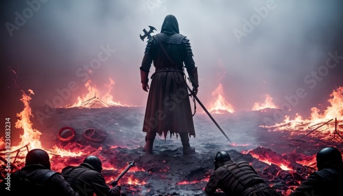 A cloaked warrior stands facing a desolate, fiery landscape, with defeated foes and destruction around.. AI Generation photo
