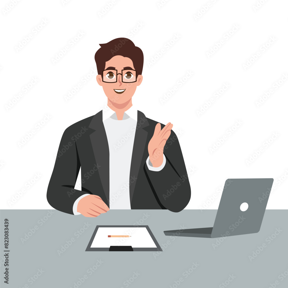 Young successful businessman sit at the table talking giving advice. Flat vector illustration isolated on white background Young successful businessman sit at the table talking giving advice. Flat vector illustration isolated on white background