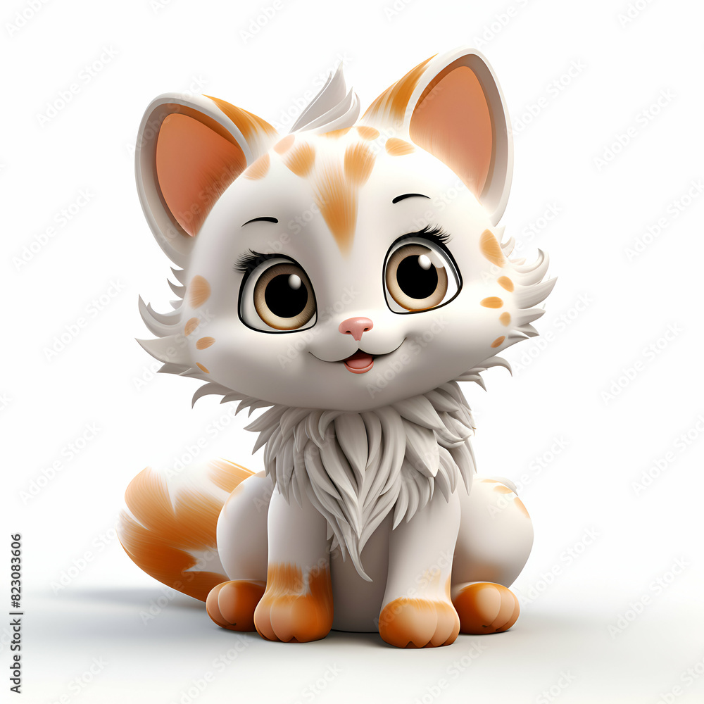 Cute cartoon cat sitting on white background. 3D rendering. Cute cartoon cat sitting on white background. 3D rendering.