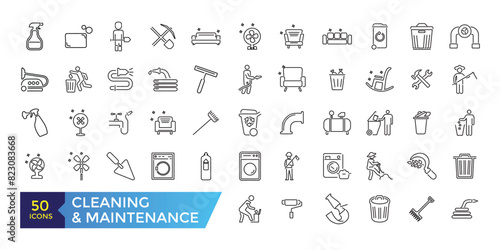 House Cleaning and Maintenance Icons Set. Broom, Dustpan, Vacuum cleaner. Simple Icons Vector Collection. Editable ui stroke.
