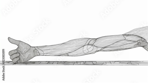 Abstract line art of a forearm resting on a surface facing up.The forearm is on the ground from the elbow to fist