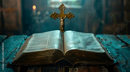 Open Christian book with an ornate gold cross on a vintage wooden table, moody lighting photo