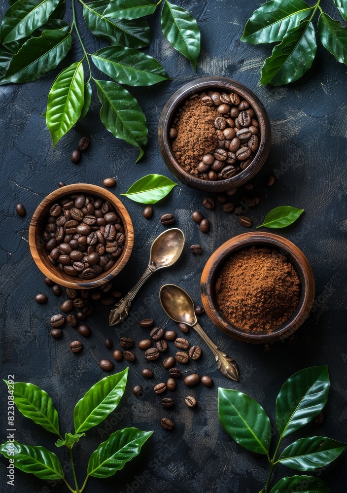 Fototapeta premium Three wooden bowls with coffee beans and ground coffee with fresh green leaves on dark background