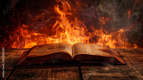Open Christian book on a wooden table, surrounded by vivid flames and dark hellish tones, dramatic lighting