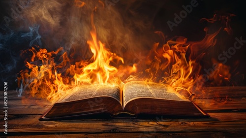 Open Christian book on a wooden table, surrounded by vivid flames and dark hellish tones, dramatic lighting