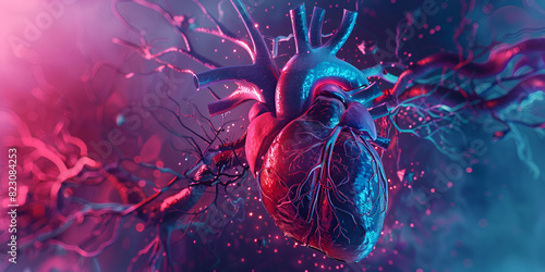 stylized human heart with veins arteries and blood vessels on blue background 