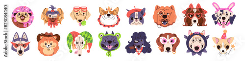 Cute dog avatars set. Happy puppies of different breeds with adorable muzzles, faces. Corgi, pug, poodle, French bulldog heads in funny costumes. Flat isolated vector illustration on white background
