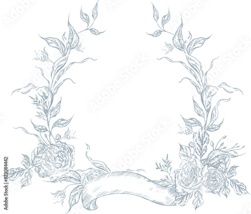 Wedding monogram with tender blue roses flower and leaves.