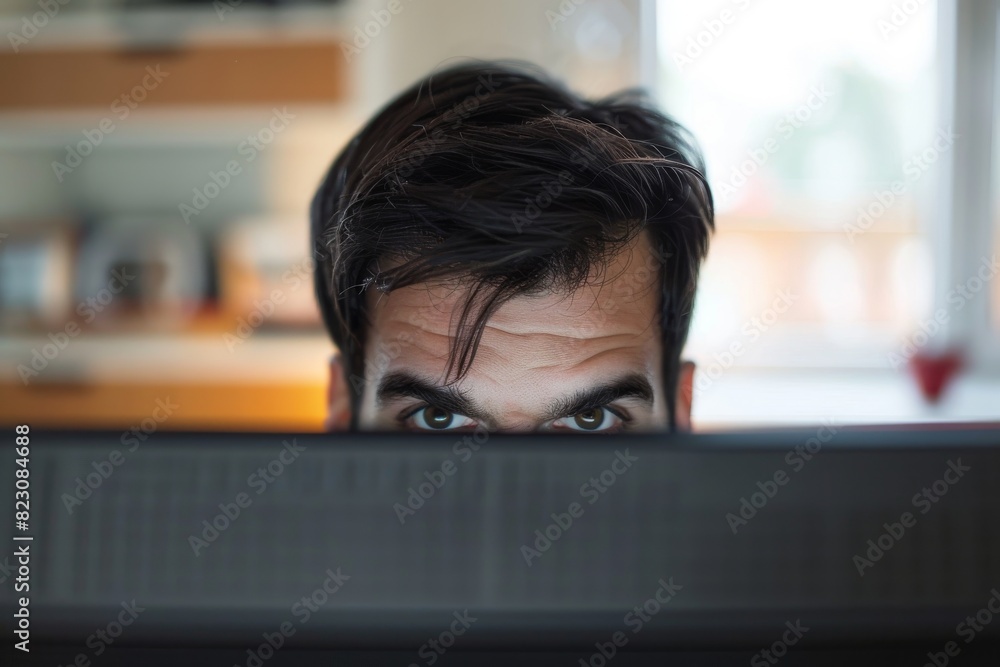 Man staring intensely at computer screen in home office during daytime Man staring intensely at computer screen in home office during daytime