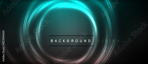 Neon glowing circle rays, light round lines in the dark, planet style neon wave lines. Energetic electric concept design for wallpaper, banner, background
