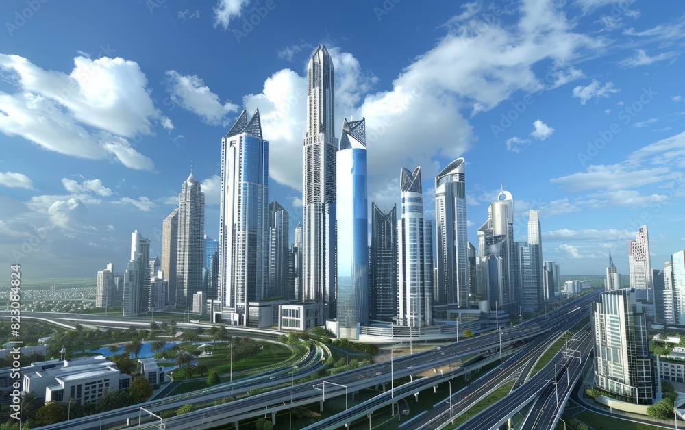 3D rendering of modern skyscrapers in the city center, with clear blue skies and urban buildings