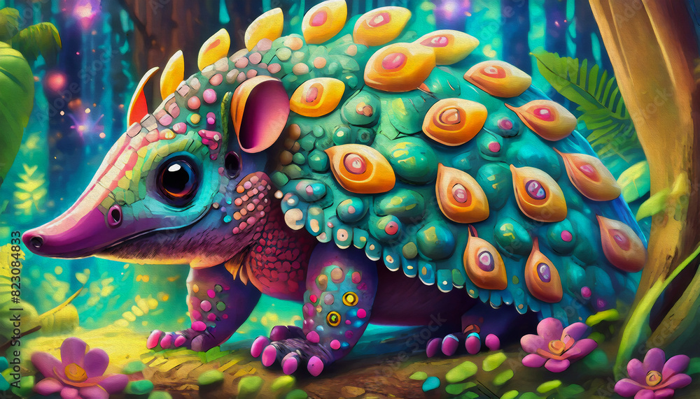 oil painting style cartoon character Multicolored armadillo,