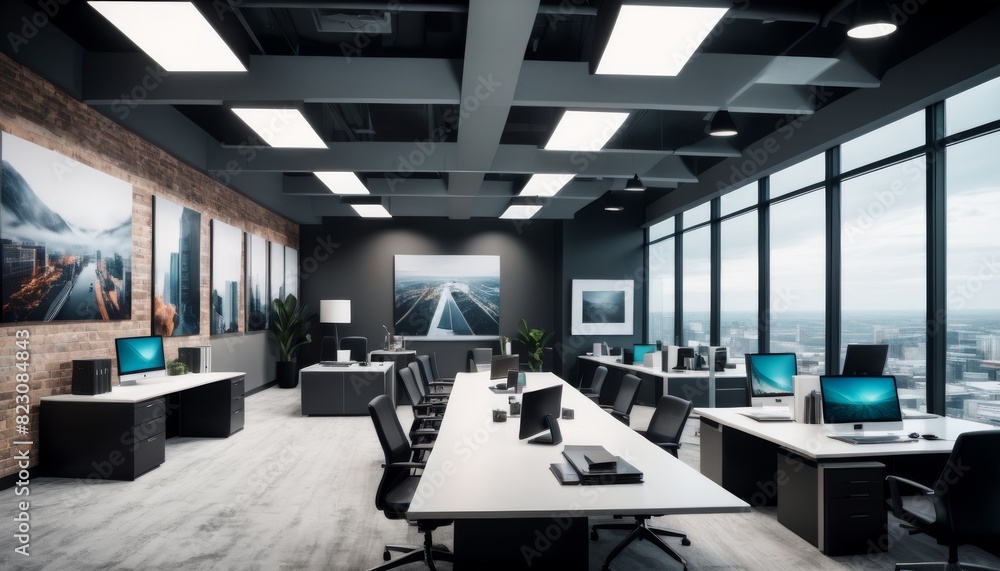 A sleek, contemporary office space with individual workstations overlooks a sprawling cityscape through large windows.. AI Generation A sleek, contemporary office space with individual workstations overlooks a sprawling cityscape through large windows.. AI Generation