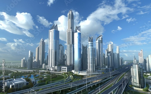3D rendering of modern skyscrapers in the city center  with clear blue skies and urban buildings