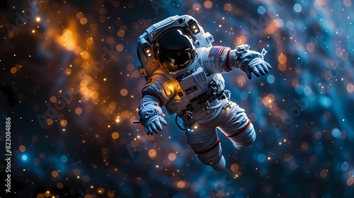 A 3D cartoon character dressed as an astronaut, floating weightlessly in space