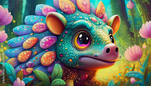 oil painting style cartoon character Multicolored armadillo,