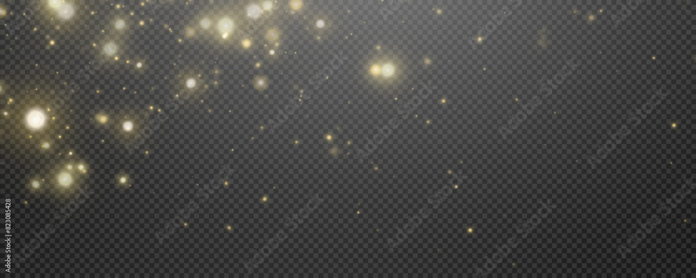 Obraz premium Christmas glowing bokeh confetti light and glitter texture overlay for your design. Festive sparkling gold dust png. Holiday powder dust for cards, invitations, banners, advertising.