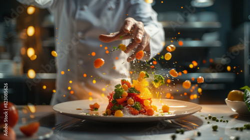 chef preparing a molecular cuisine dish for a client in a restaurant, mind-blowing cuisine,generative ai photo
