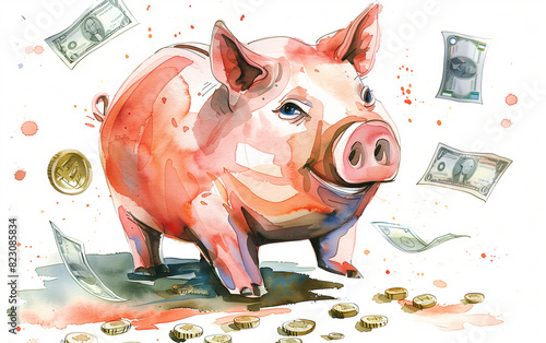 Vibrant watercolor illustration of a piggy bank surrounded by cash and coins, symbolizing investment, savings, and financial planning