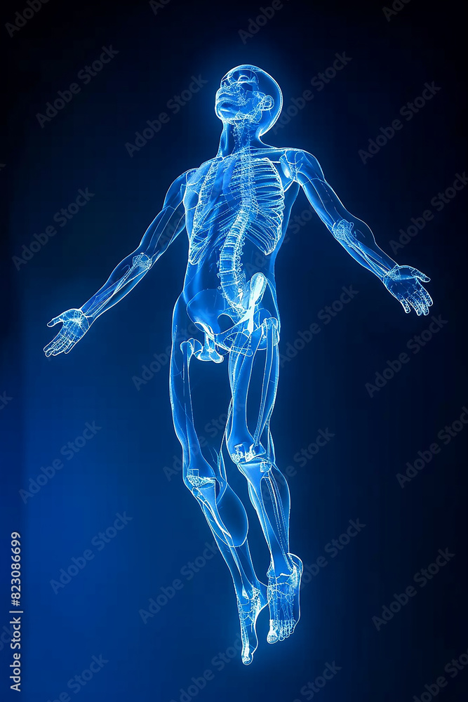 X-ray of a person in neon blue colors. Man in flight X-ray of a person in neon blue colors. Man in flight