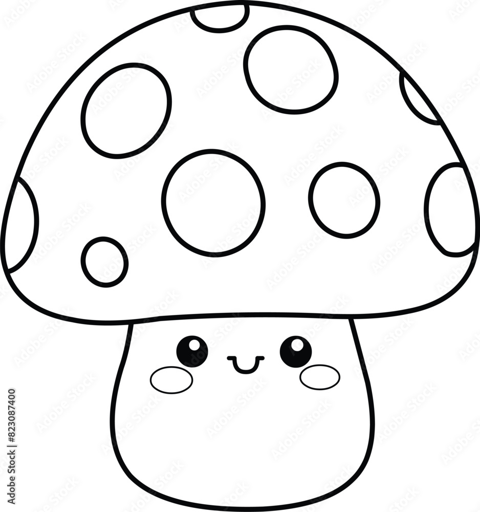 Outlined smiling mushroom character in a kawaii style, Vector line art illustration coloring page. Outlined smiling mushroom character in a kawaii style, Vector line art illustration coloring page.