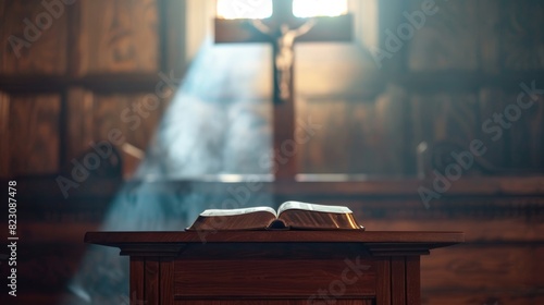 Open Bible resting on a simple wooden podium, backlit cross, serene and contemplative lighting photo