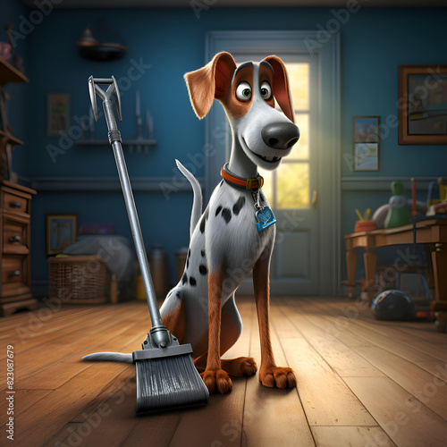 Dog cleaning the floor with a broom in the living room. 3D rendering.