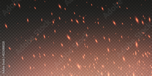 Burning hot sparks effect with embers burning ash and smoke flying in the air. Burning glowing particles. Flame of fire with sparks isolated on a black transparent background. Flame png.