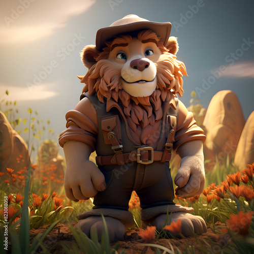 Lion in the meadow with flowers. 3d illustration. photo