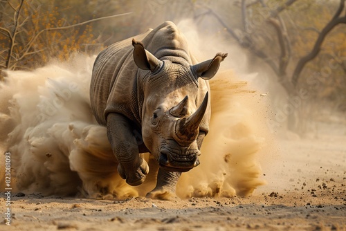 a rhinoceros running in sand photo