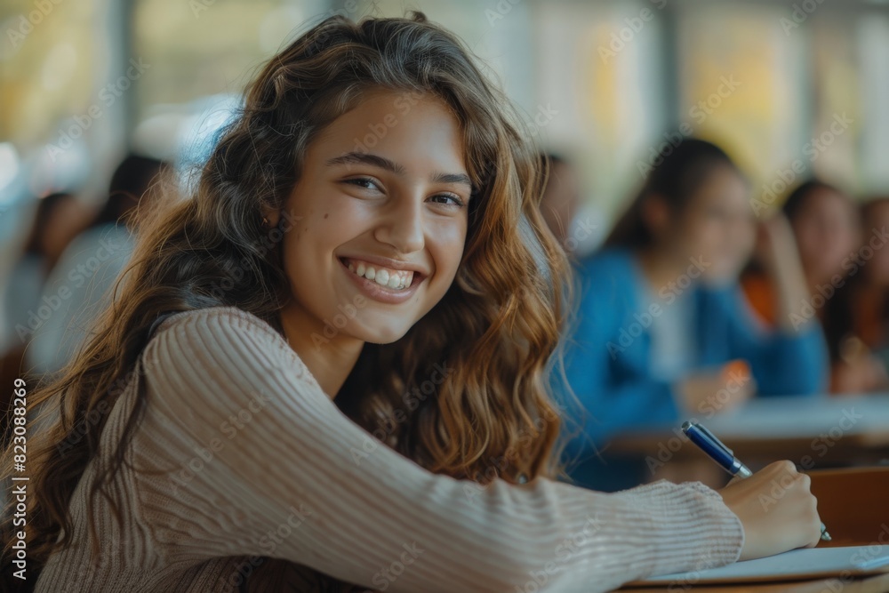 Smiling female student writing an exam while attending a class at college classroom Smiling female student writing an exam while attending a class at college classroom