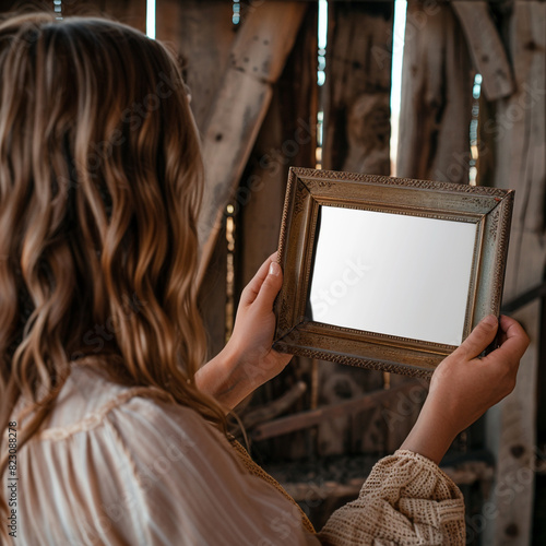 Rustic setting: woman with a small digital frame, vintage wood border, in a barn. photo