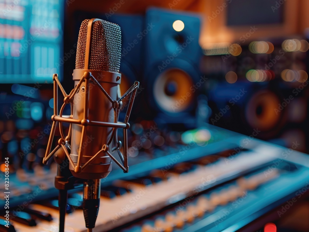 Close up of microphone, mixing console and keyboard Close up of microphone, mixing console and keyboard